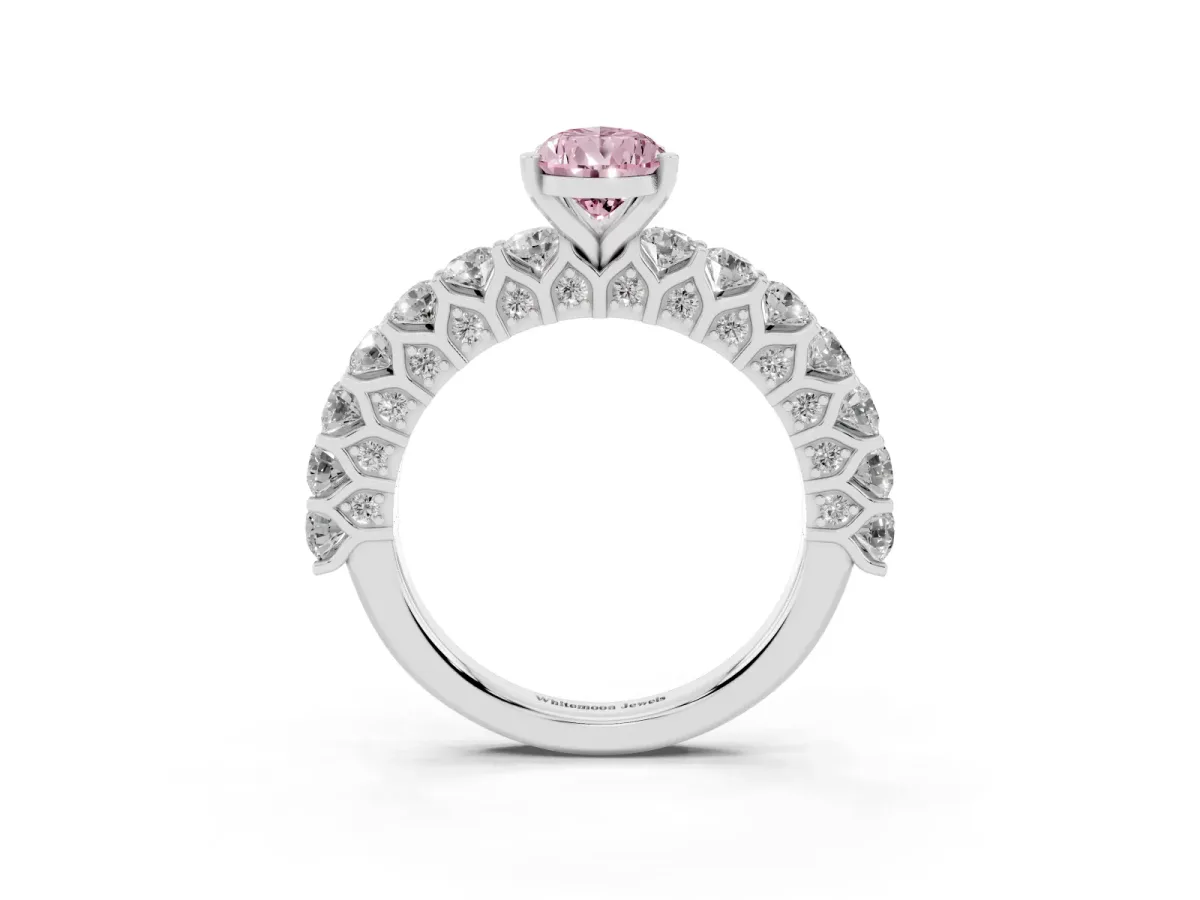 Fancy Pink Pear Cut Diamond Solitaire Ring with Shared Prong Pavé Band and Four-Prong Setting Silver