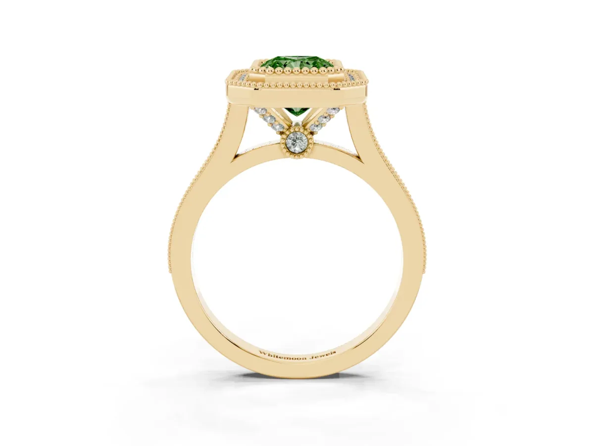 Fancy Green Radiant Cut Diamond Halo Ring with Milgrain Frame and Pavé Band Yellow gold