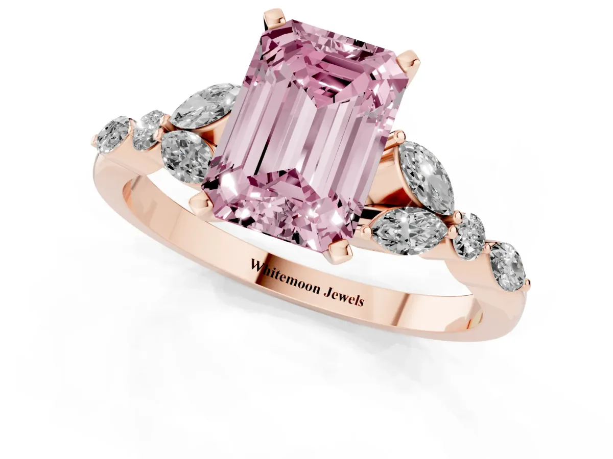 Fancy Pink Emerald Cut Diamond Solitaire Ring with Side Stones and Four-Prong Setting Rose gold