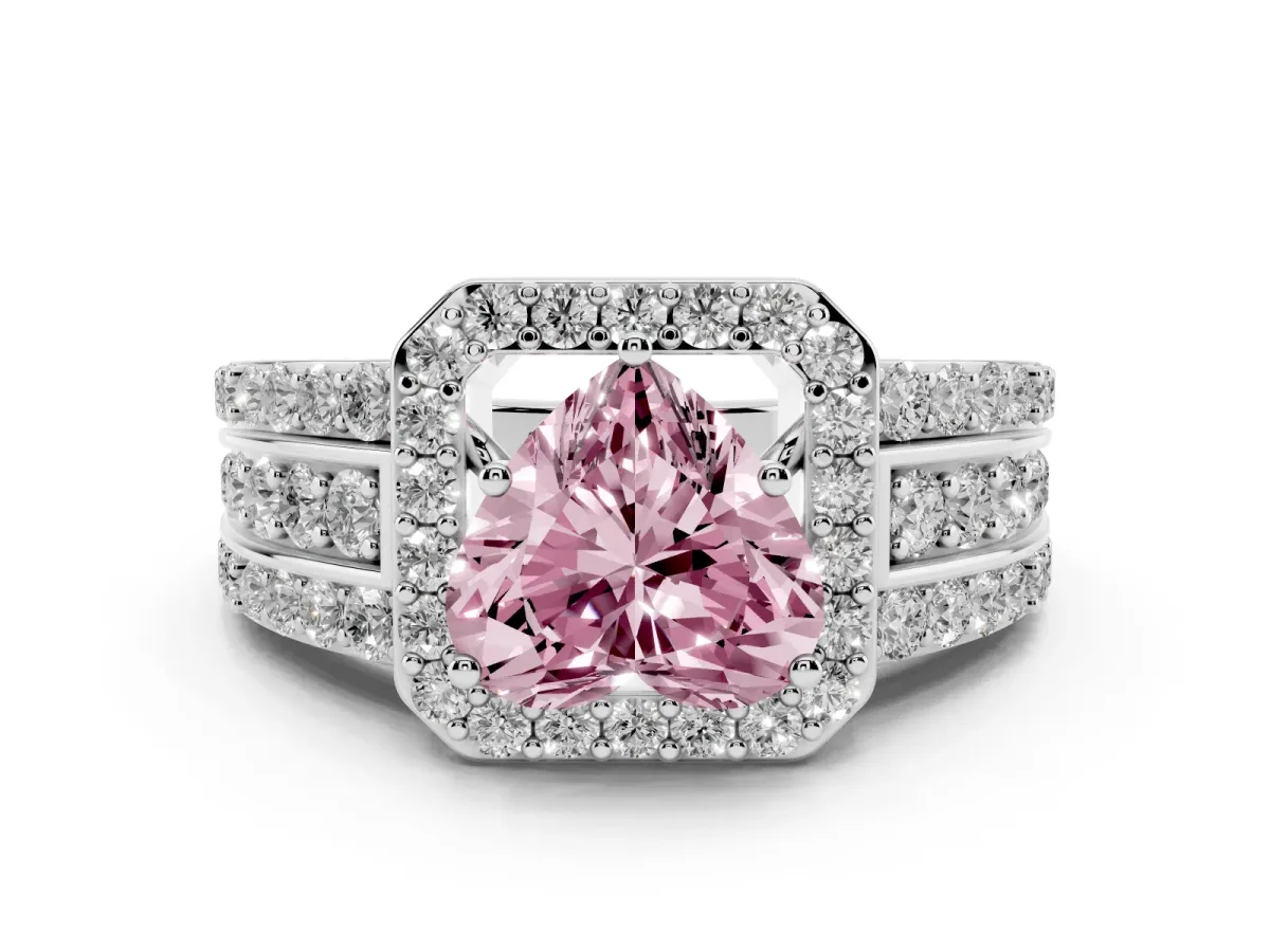 Fancy Pink Heart Cut Halo Diamond Ring with Round Split Shank and Prong Setting Platinum