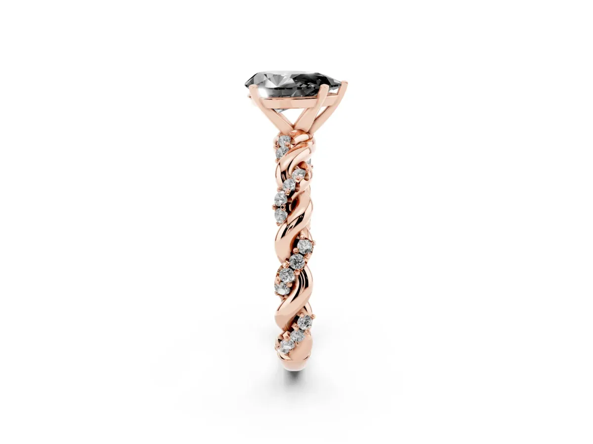 Fancy Black Pear Cut Diamond Solitaire Ring with Twisted Band and Pavé Accents Rose gold