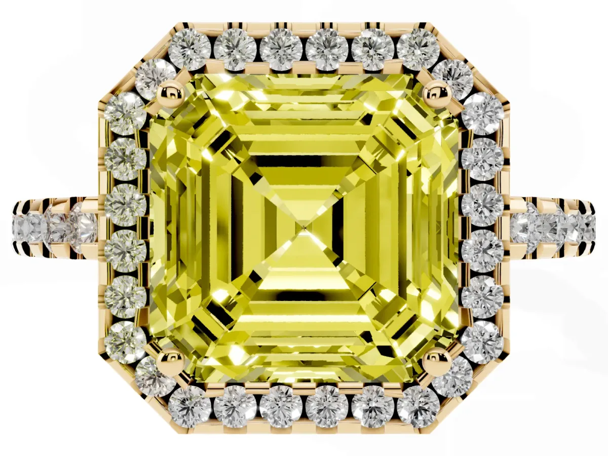 Fancy Yellow Asscher Cut Diamond Halo Engagement Ring with Pavé Band and Prong Setting Yellow gold
