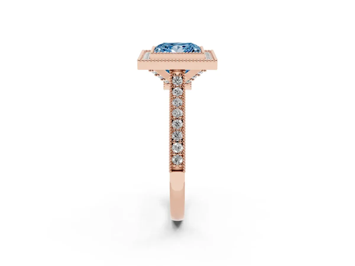 Fancy Blue Halo Princess Cut-Cut Diamond Pave Band Milgrain Prong Setting Ring Rose gold