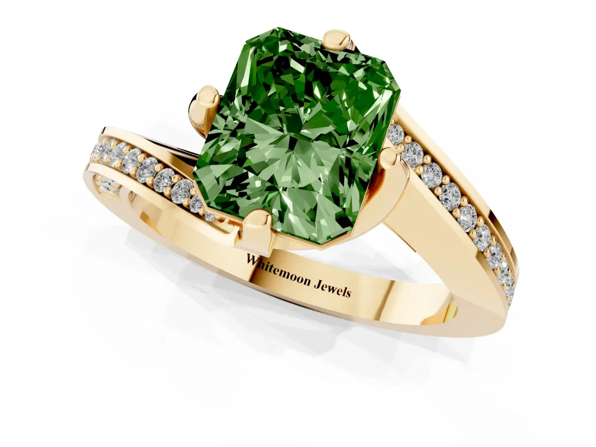 Fancy Green Radiant Cut Solitaire Diamond Twist Band with Pavé Setting and Four-Prong Setting Yellow gold