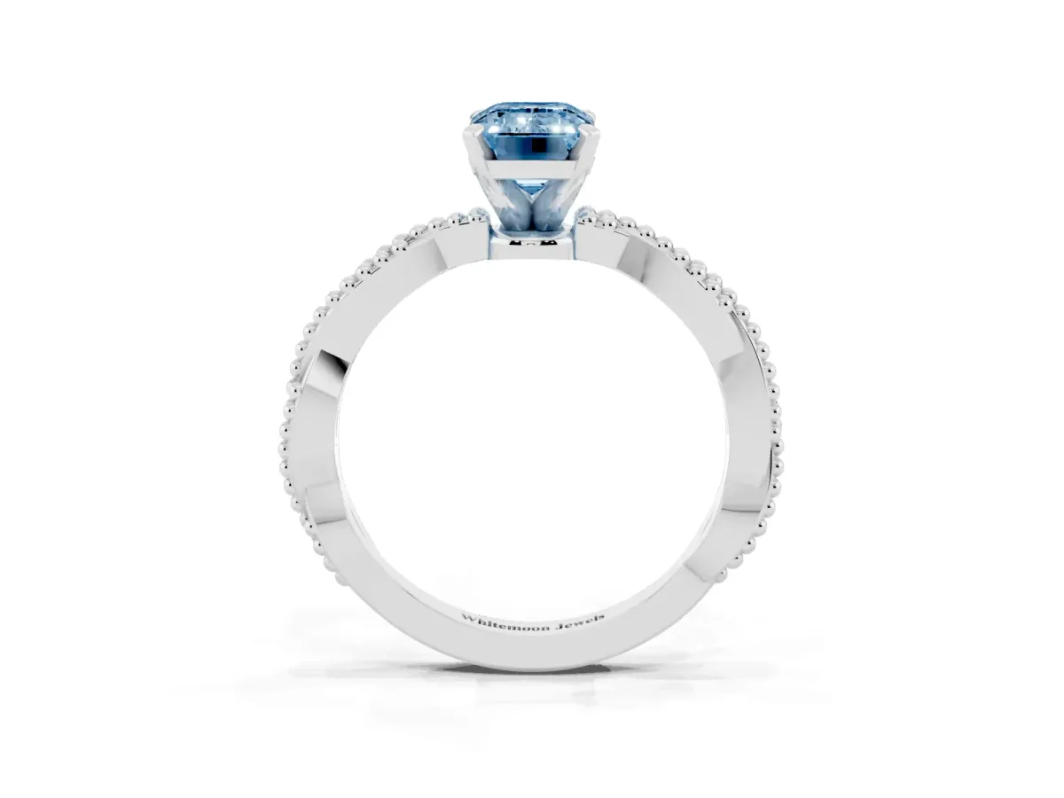 Fancy Blue Emerald Cut Solitaire Twisted Band with Bead Prong Setting Silver