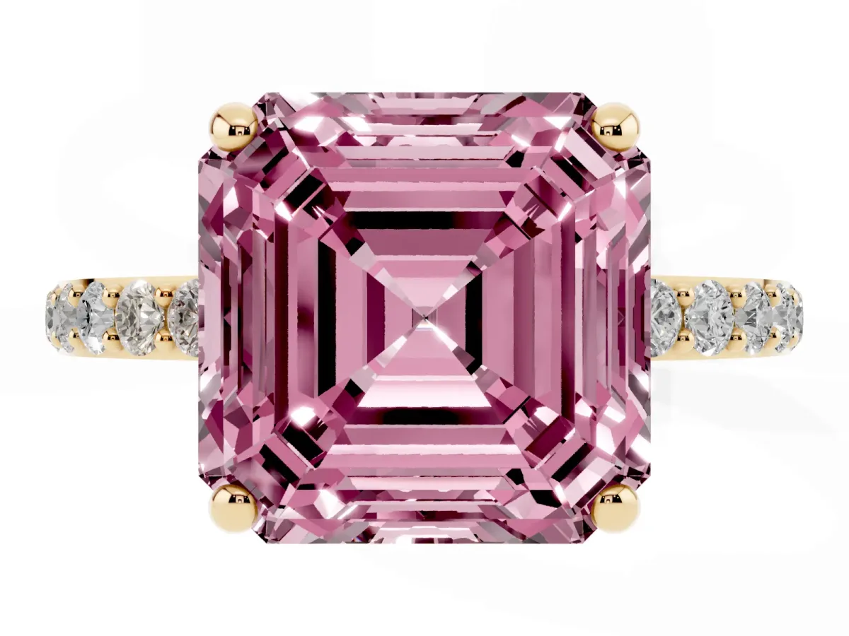 Fancy Pink Asscher Cut Diamond Solitaire Ring with Round Pavé Band and Prong Setting Yellow gold