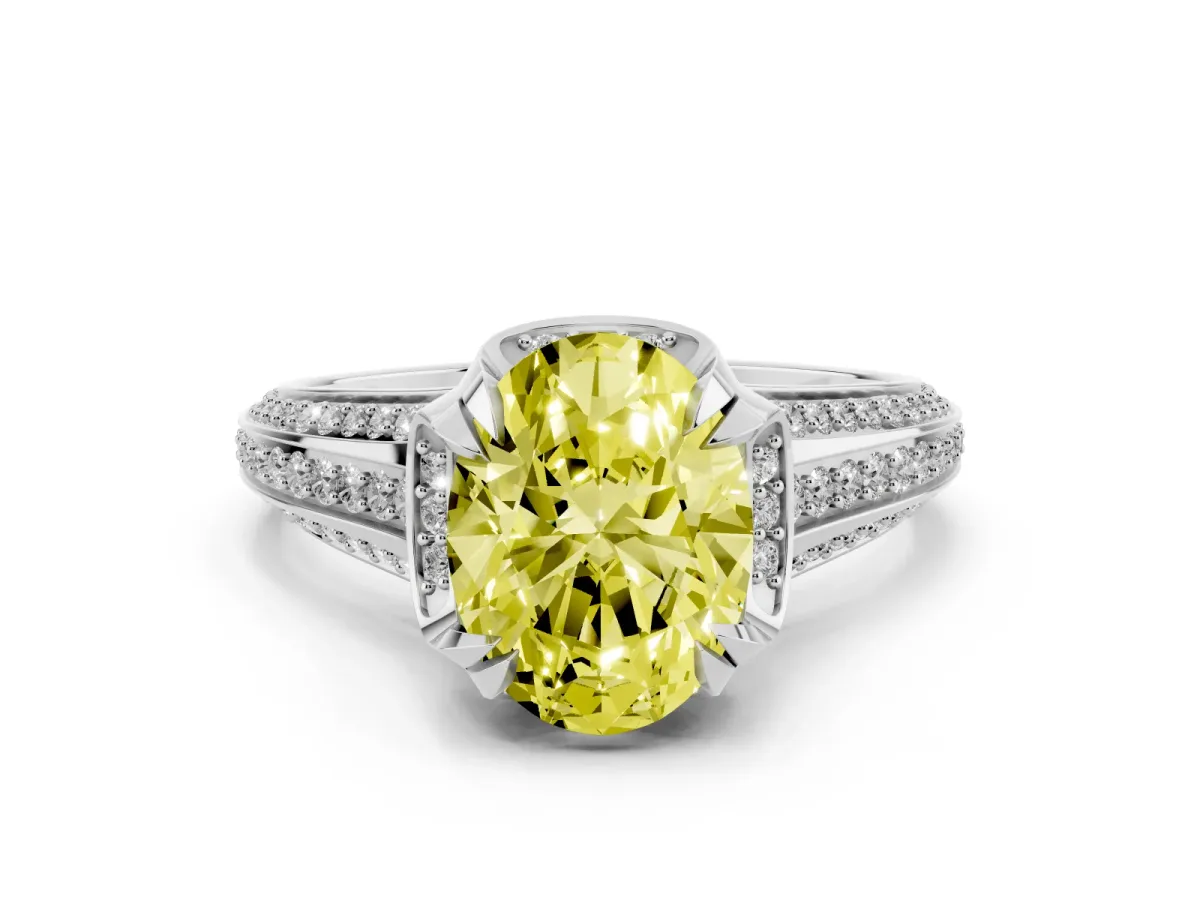 Fancy Yellow Oval Cut Solitaire Pave Split Shank Ring with Four-Prong Setting Platinum
