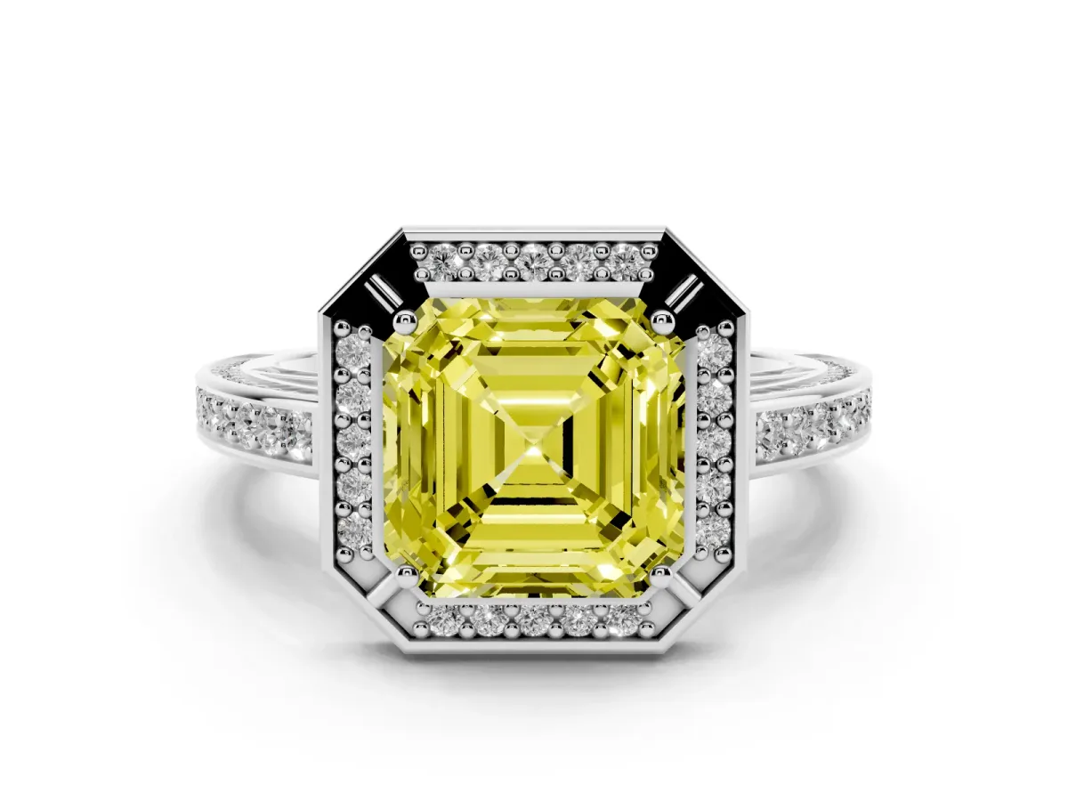 Fancy Yellow Asscher Cut Cut Halo Pave Split Shank Prong Setting Ring Silver