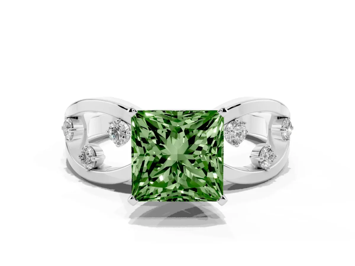 Fancy Green Princess Cut Cut Solitaire Diamond with Side Stones on Criss-Cross Band and Four-Prong Setting Silver
