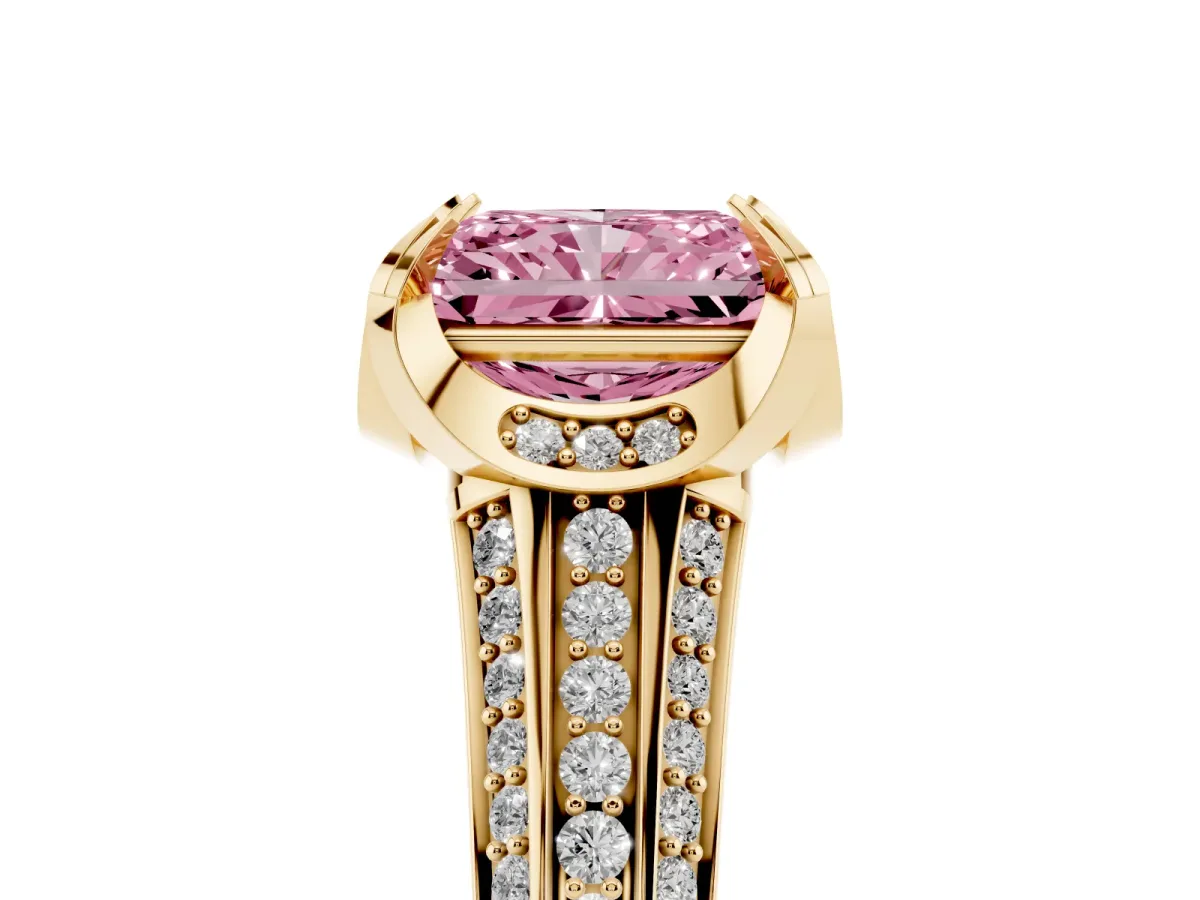 Fancy Pink Radiant Cut Solitaire Pave Split Shank Ring with Four-Prong Setting Yellow gold