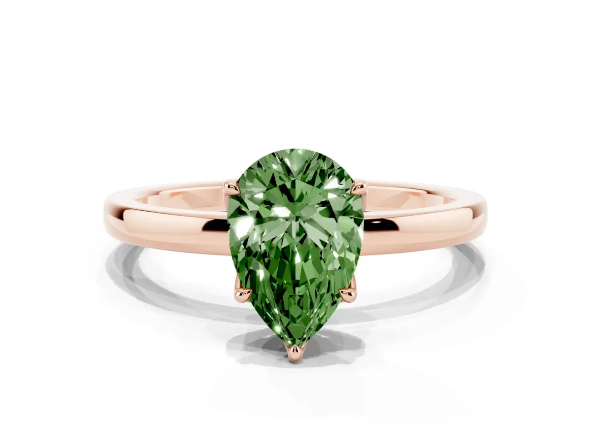 Fancy Green Pear Cut Diamond Solitaire Ring with Thin Band and Prong Setting Rose gold