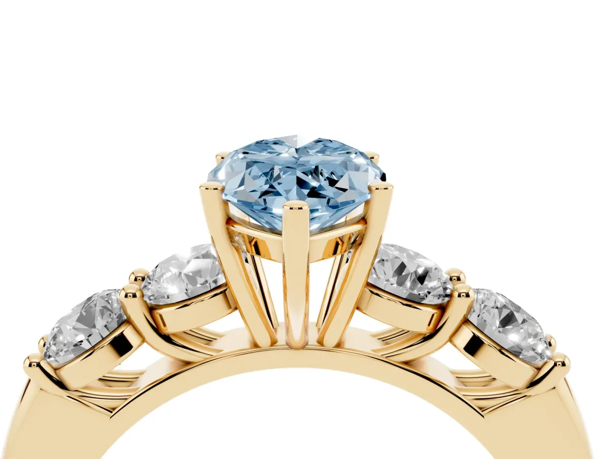 Fancy Blue Marquise Cut Cut Five-Stone Prong Set Diamond Ring with Classic Band Yellow gold