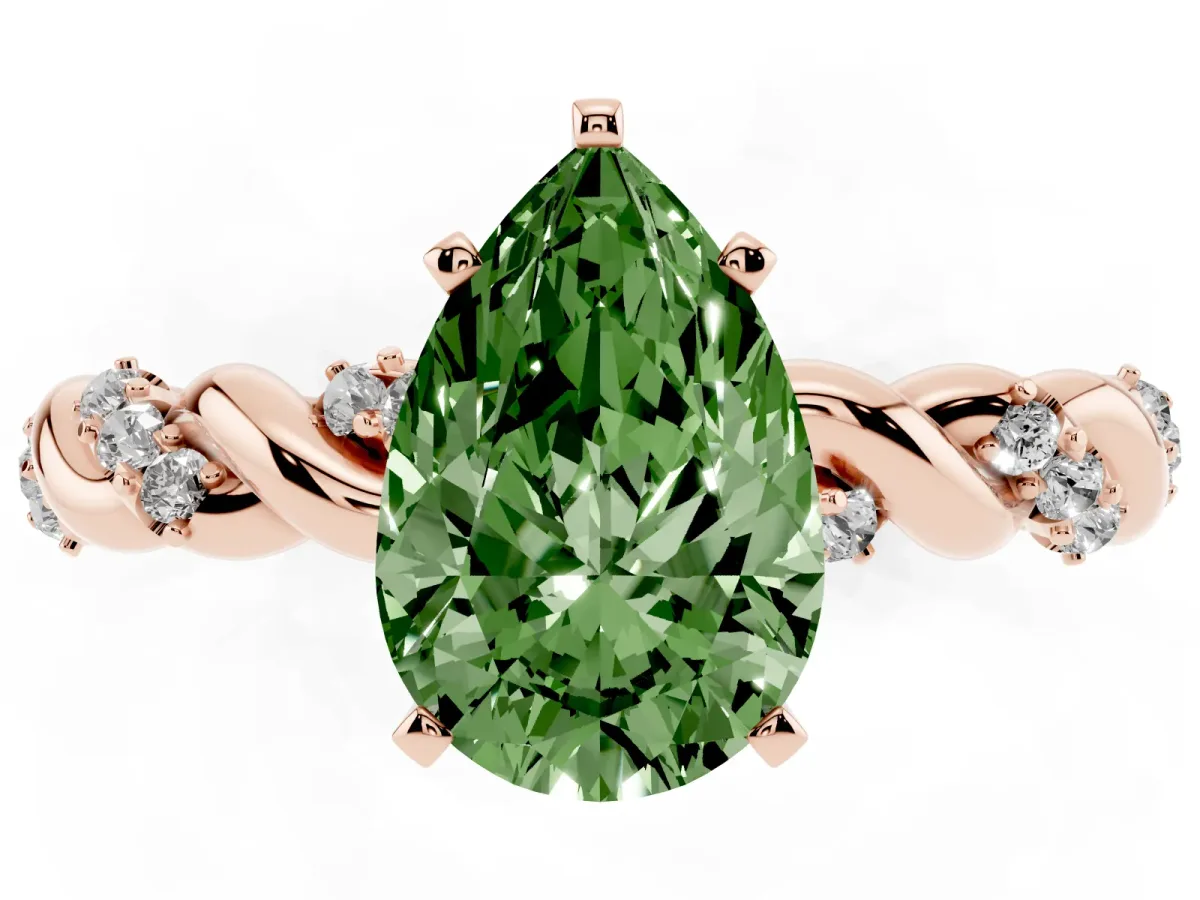 Fancy Green Pear Cut Diamond Solitaire Ring with Twisted Band and Pavé Accents Rose gold