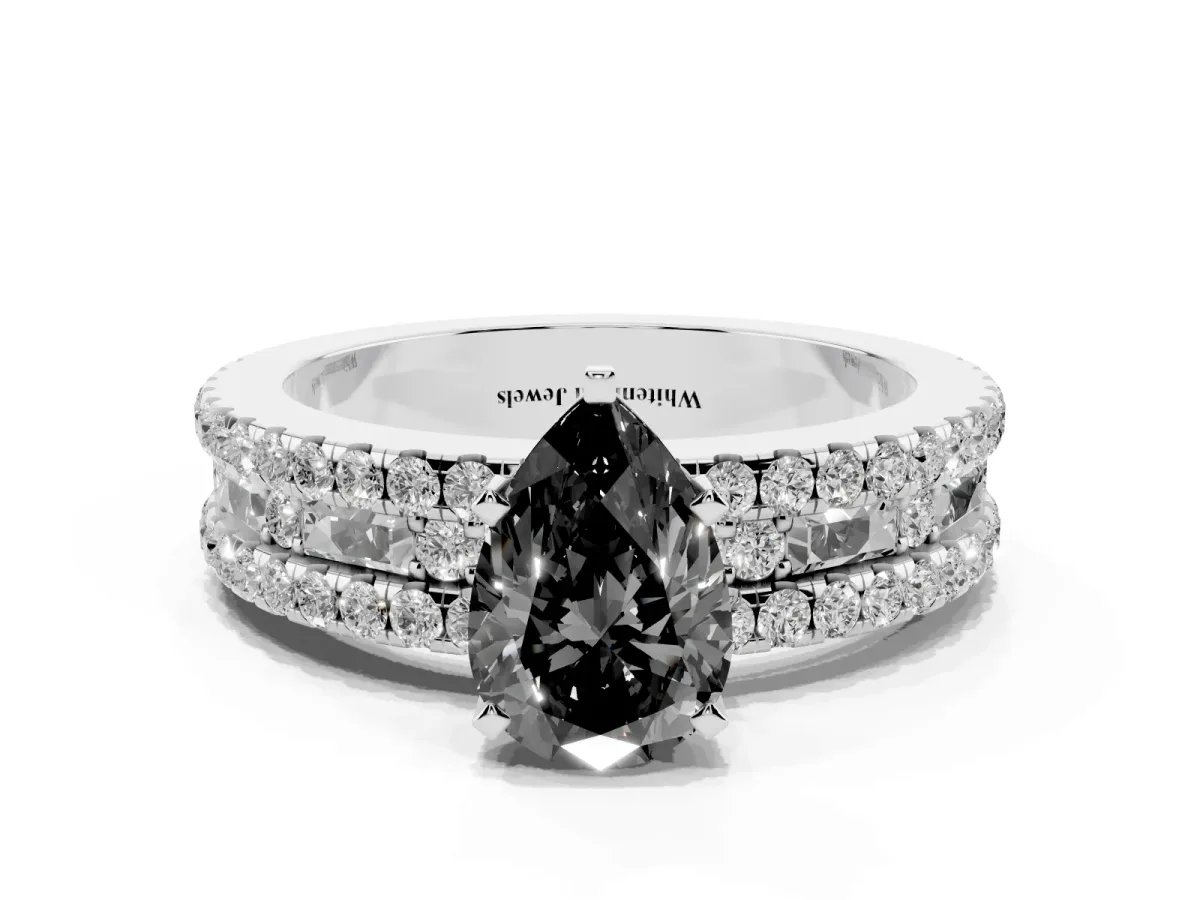Fancy Black Pear Cut Diamond Solitaire Ring with Pavé and Channel Set Band Silver