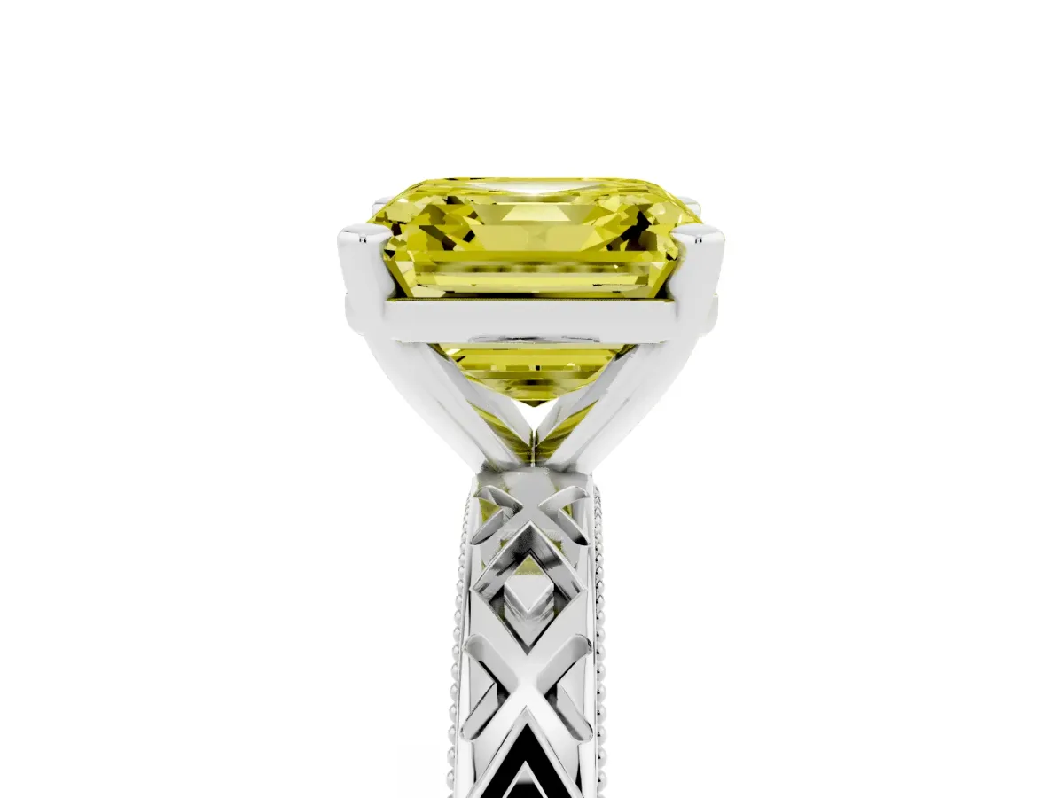 Fancy Yellow Asscher Cut Solitaire Diamond Ring with Milgrain and Black Enamel X Pattern Band Silver
