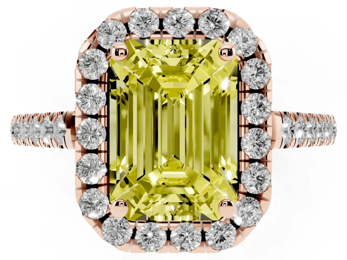 Fancy Yellow Emerald Cut Halo Pavé Diamond Engagement Ring with Four-Prong Setting Rose gold