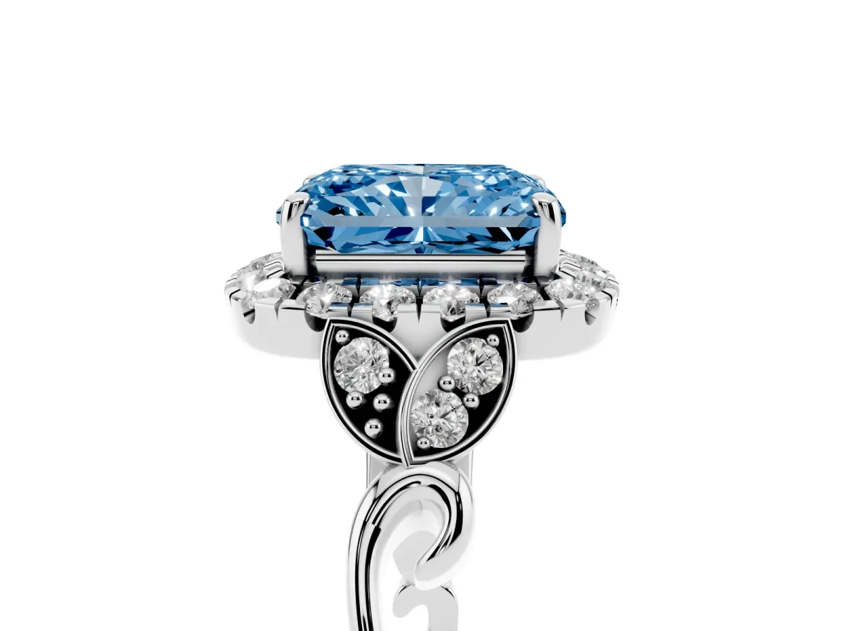 Fancy Blue Radiant Cut Halo Diamond Engagement Ring with Vintage-Inspired Band and Four-Prong Setting White gold