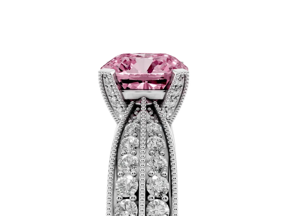Fancy Pink Cushion Cut Diamond Solitaire Ring with Milgrain Round Pavé Band and Prong Setting Silver