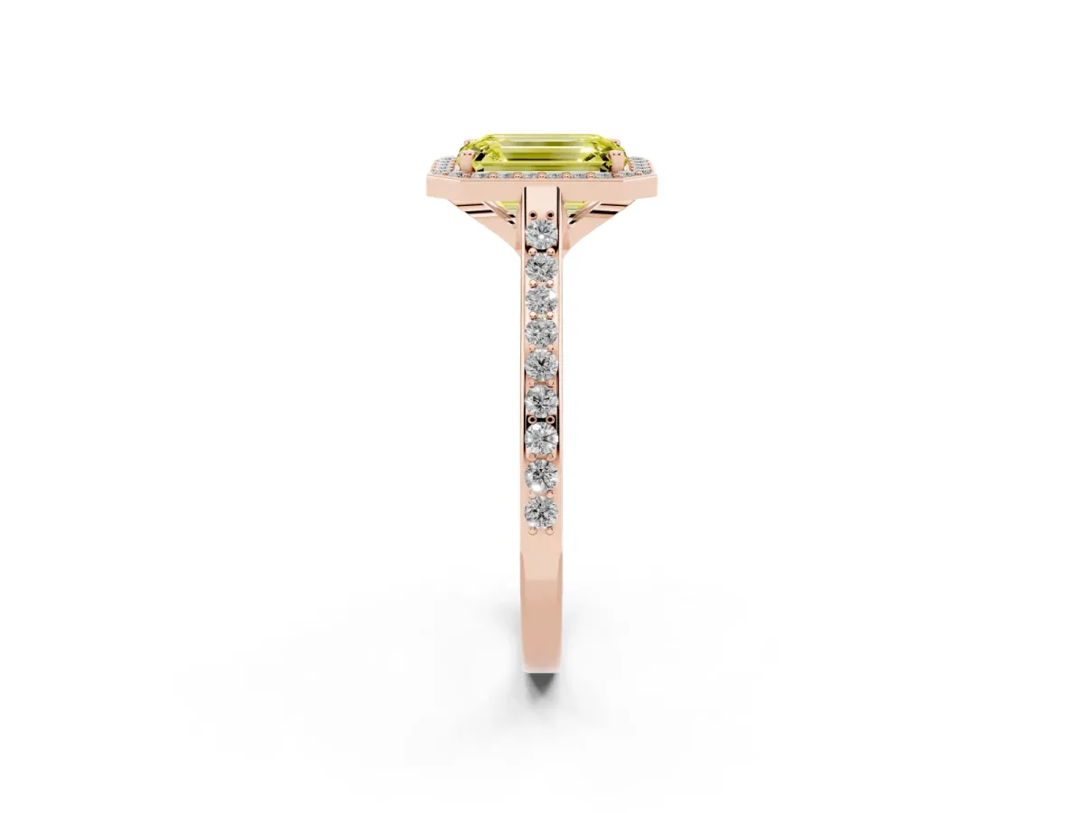 Fancy Yellow Emerald Cut Diamond Halo Engagement Ring with Round Pavé Shoulders and Prong Setting Rose gold
