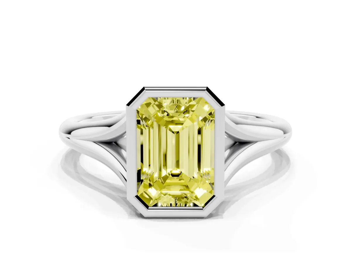 Fancy Yellow Bezel Set Emerald Cut Cut Solitaire Ring with Tapered Band Platinum