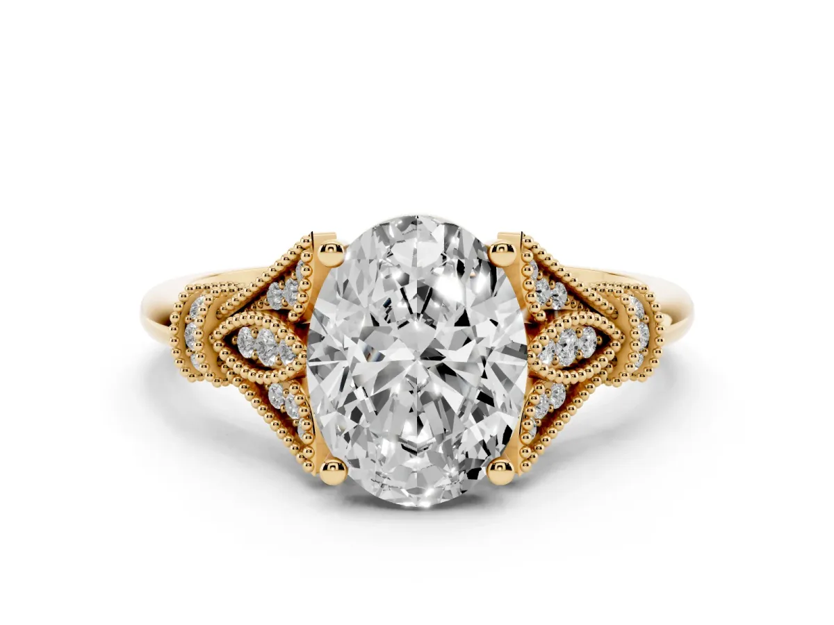 Oval Cut Diamond Solitaire Ring with Floral Filigree and Pave Accents Yellow gold