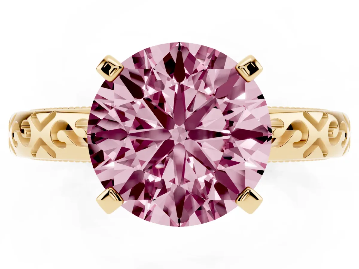 Fancy Pink Round Cut Solitaire Engagement Ring with Scrollwork Band and Four-Prong Setting Yellow gold