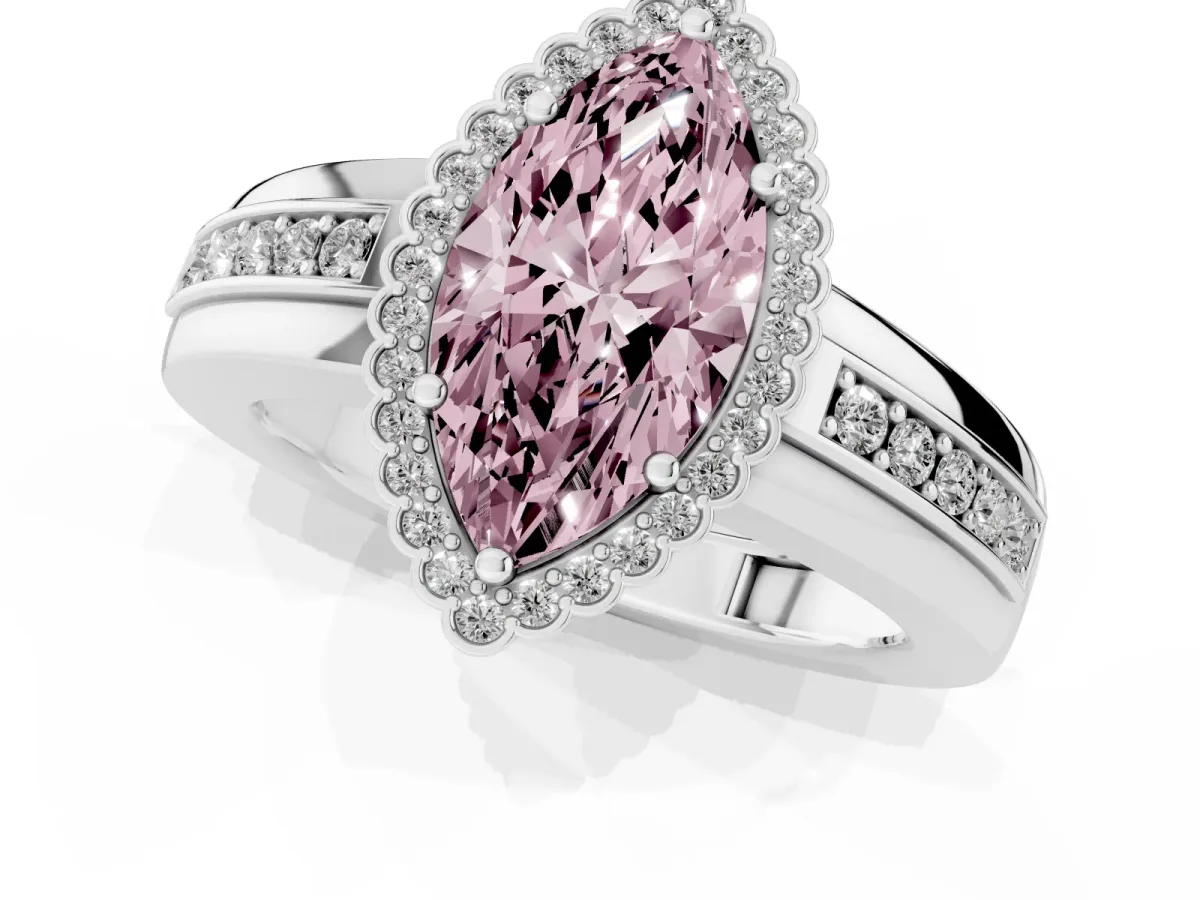 Fancy Pink Marquise Cut Cut Halo Pave Band Four-Prong Ring Platinum