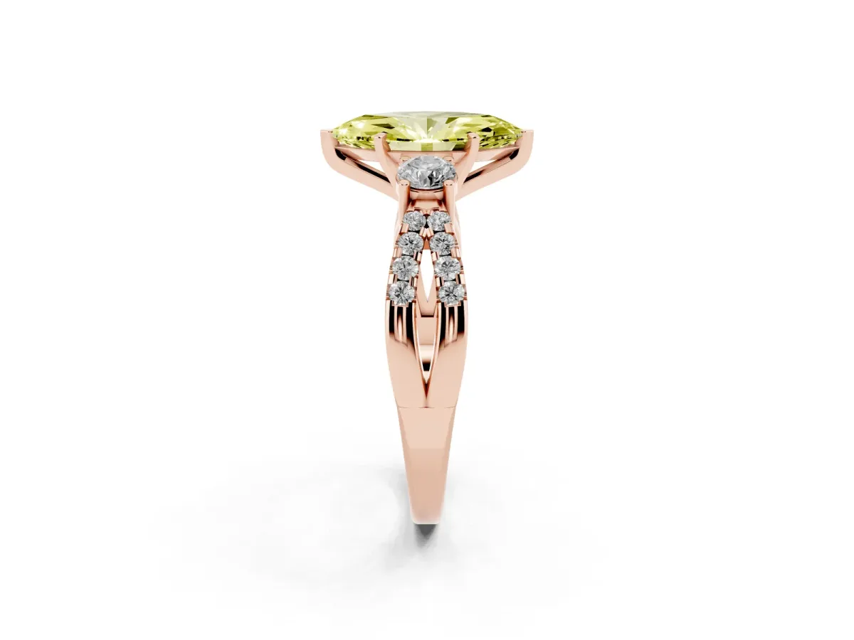 Fancy Yellow Marquise Cut Diamond Three-Stone Ring with Pavé Split Shank and Four-Prong Setting Rose gold