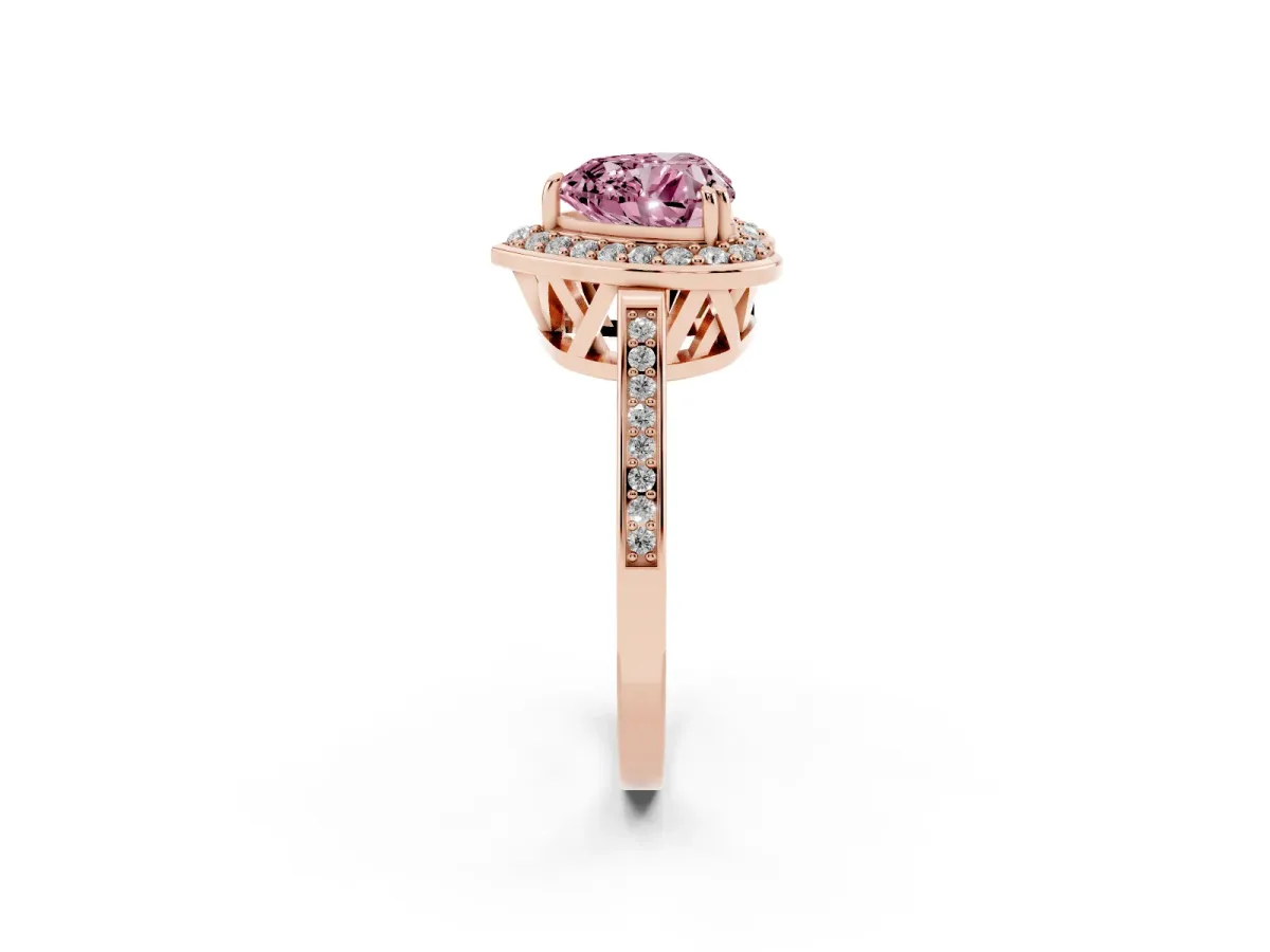 Fancy Pink Heart Cut Diamond Halo Ring with Split Shank and Four-Prong Setting Rose gold