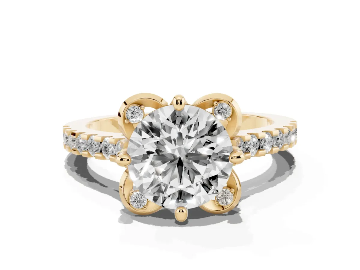 Round Cut Diamond Ring with Pavé Band and Floral Prong Setting Yellow gold