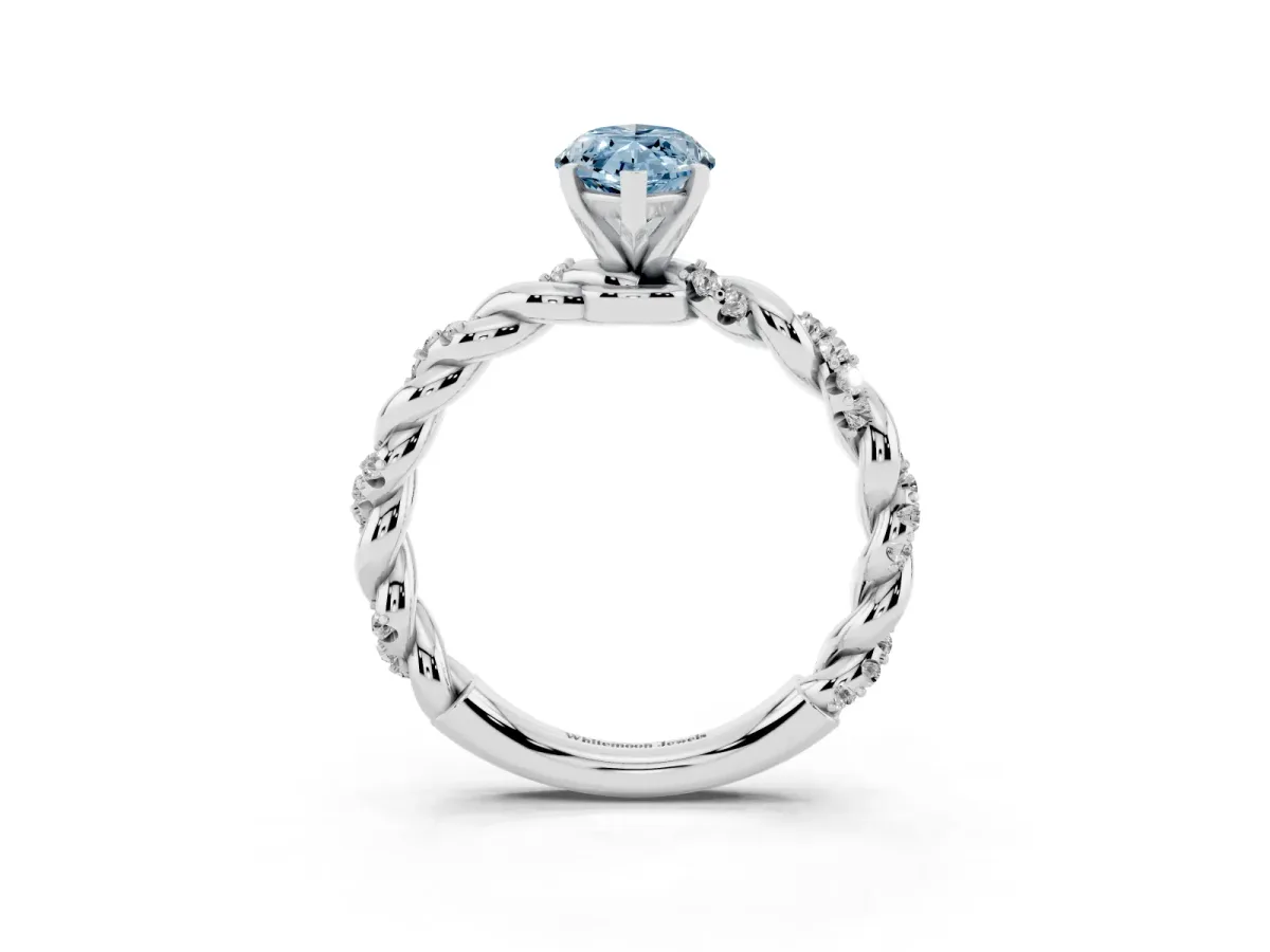 Fancy Blue Marquise Cut Diamond Solitaire Ring with Twisted Band and Pavé Accents Silver