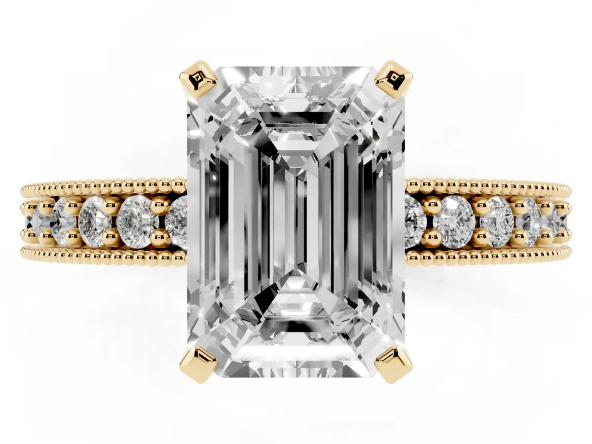 Emerald Cut Diamond Milgrain Pavé Engagement Ring with Four-Prong Setting Yellow gold