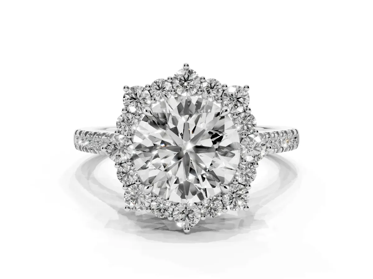 Round Cut Halo Diamond Ring with Pavé Band and Prong Setting Silver