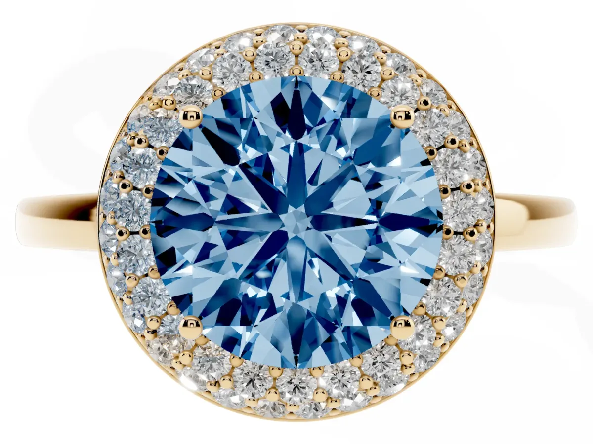 Fancy Blue Round Cut Halo Diamond Engagement Ring with Solitaire Band and Four-Prong Setting Yellow gold
