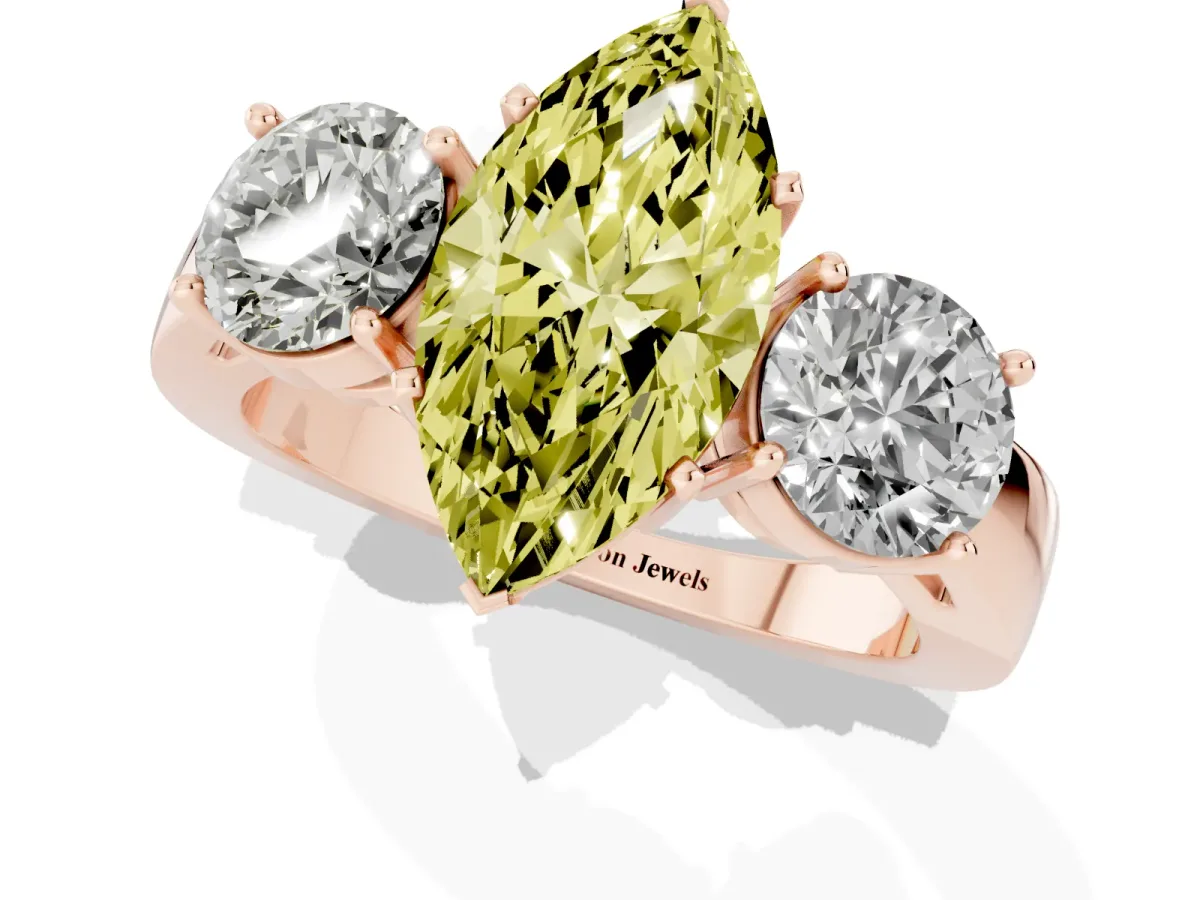 Fancy Yellow Three-Stone Marquise Cut Diamond Ring with Round Side Stones, Classic Band, and Four-Prong Setting Rose gold
