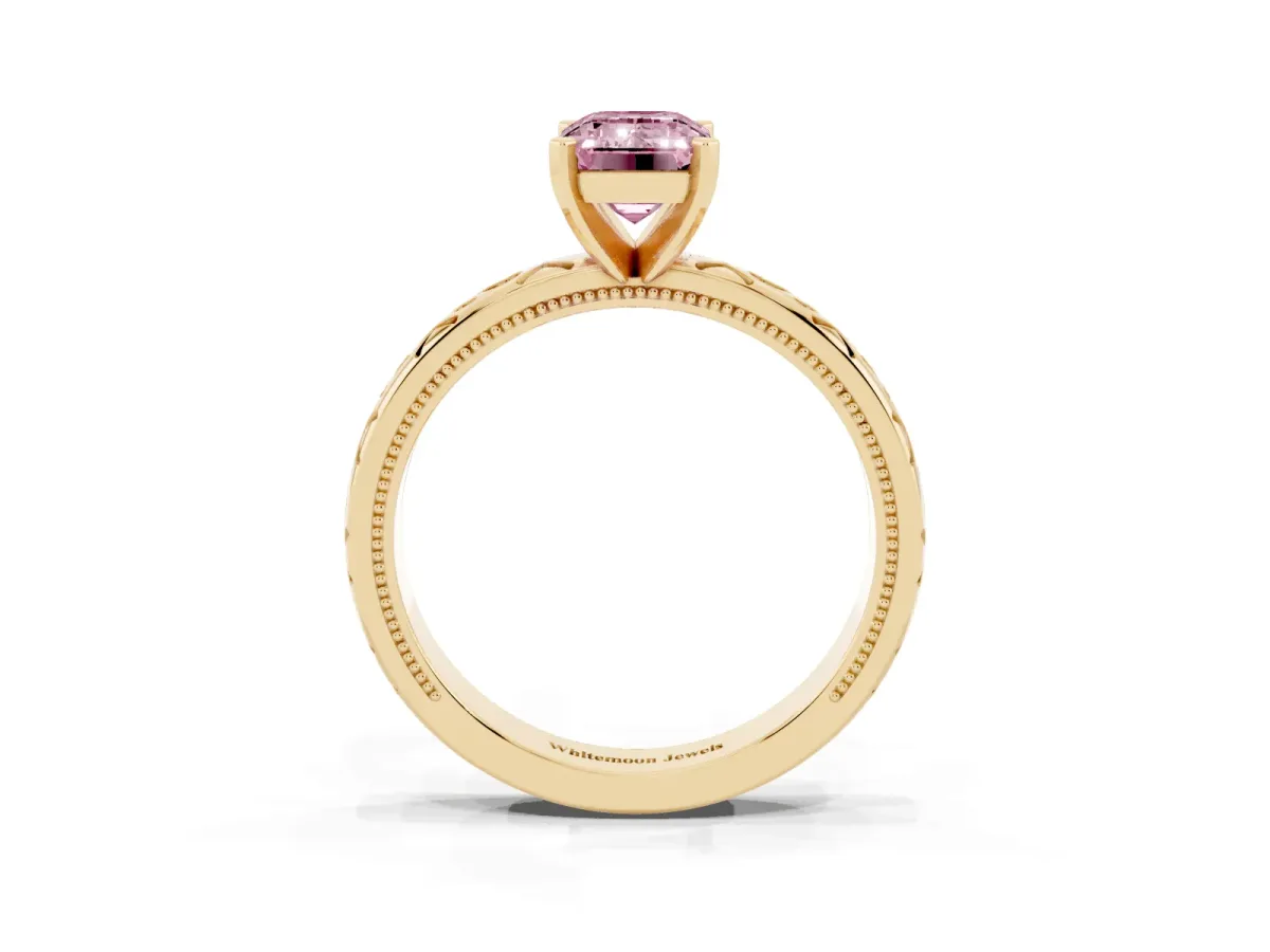 Fancy Pink Emerald Cut Solitaire Engagement Ring with Scrollwork Band and Four-Prong Setting Yellow gold