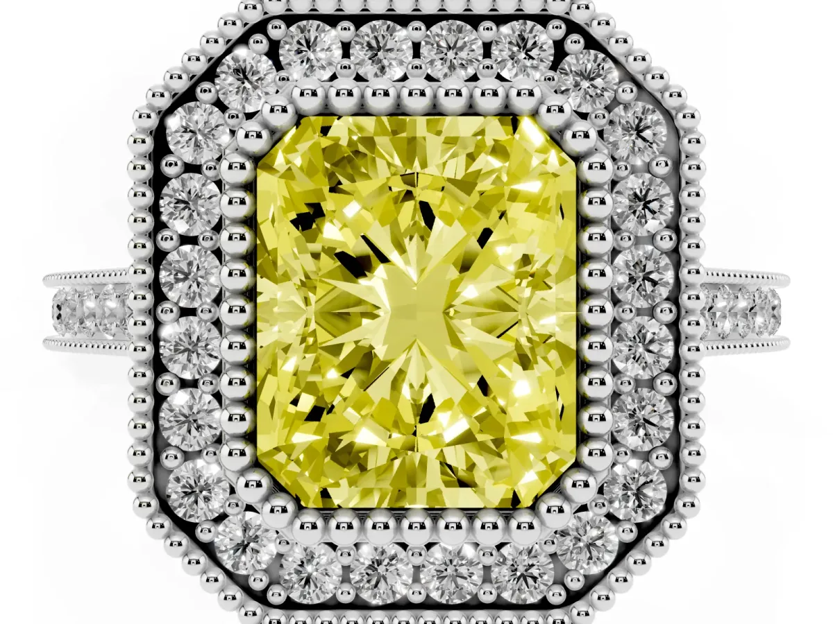Fancy Yellow Radiant Cut Diamond Halo Ring with Milgrain Frame and Pavé Band White gold