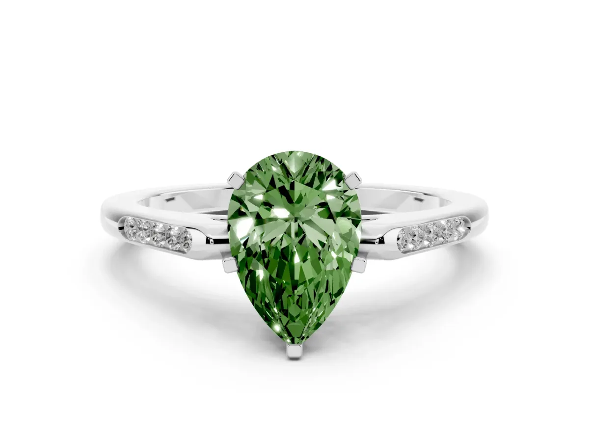 Fancy Green Pear Cut Diamond Solitaire Ring with Channel Set Round Band and Prong Setting Silver