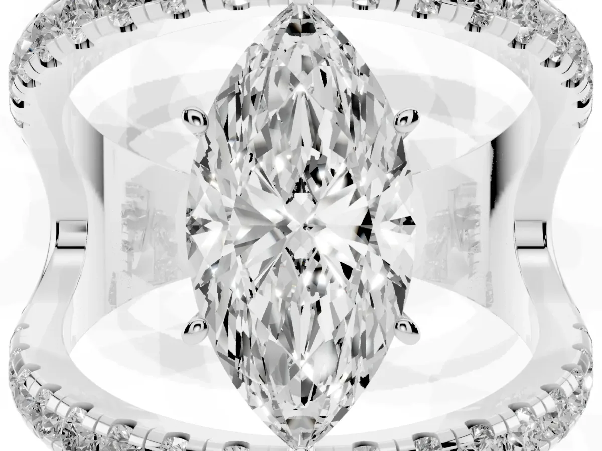 Marquise Cut Solitaire Split Shank Pave Diamond Ring Silver