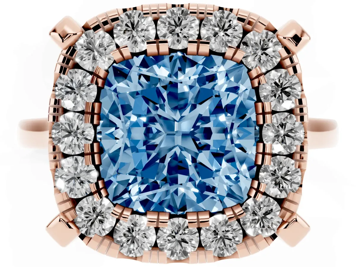 Fancy Blue Cushion Cut Diamond Cluster Halo Solitaire with Four-Prong Setting Rose gold