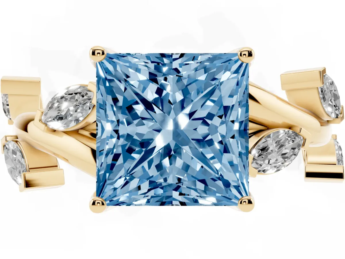 Fancy Blue Princess Cut Solitaire Twisted Band Marquise Accent Prong Setting Ring Yellow gold