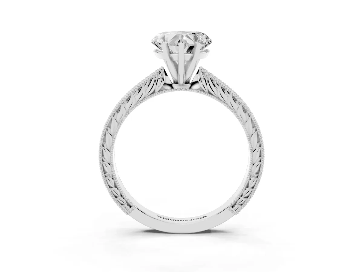 Heart Cut Solitaire Milgrain Engraved Band with Four-Prong Setting Silver