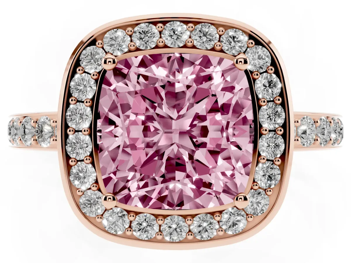Fancy Pink Cushion Cut Diamond Halo Ring with Bezel Frame and Pavé Band Rose gold