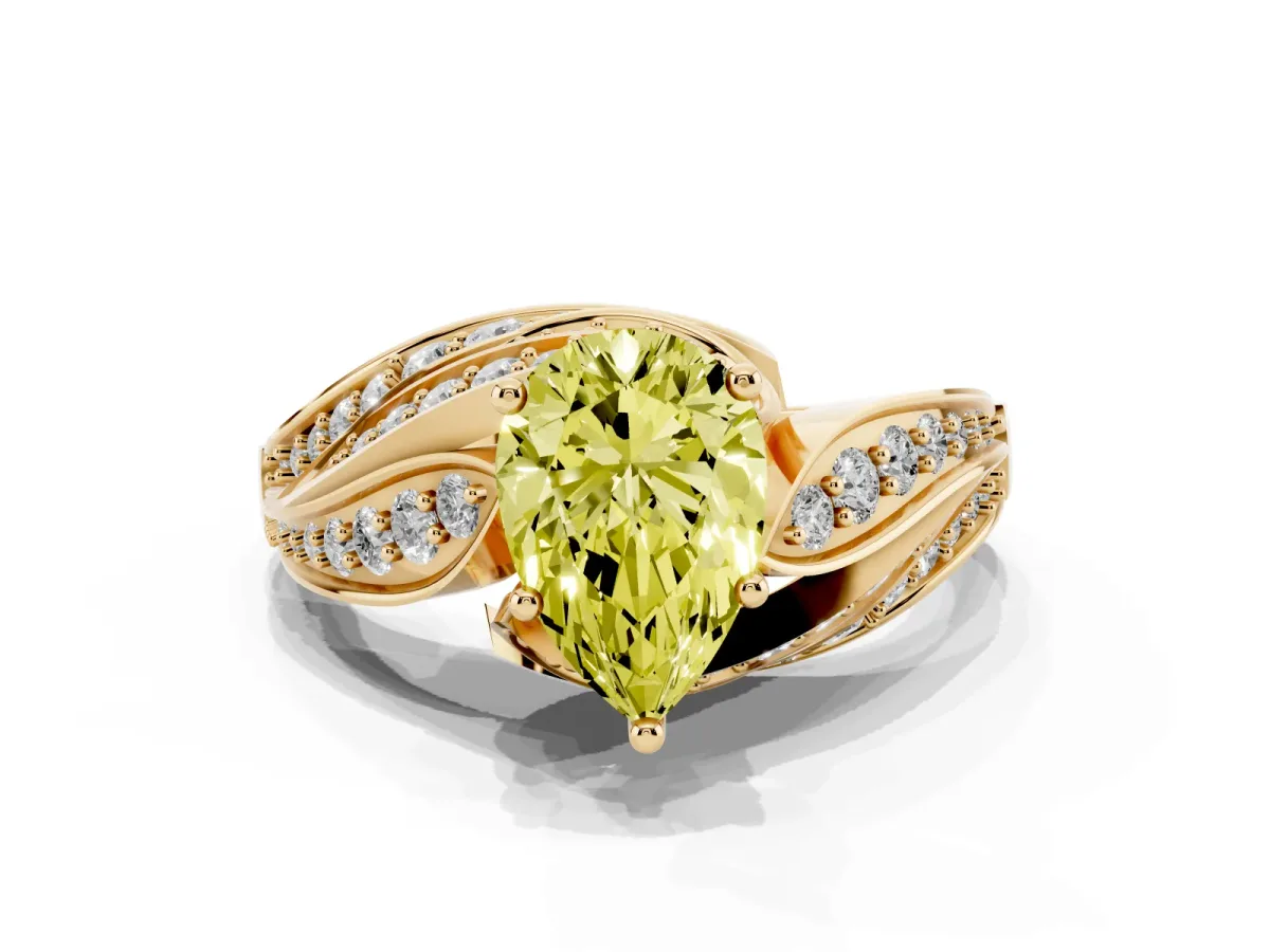 Fancy Yellow Pear Cut Diamond Solitaire Ring with Prong Setting and Twisted Pavé Band Yellow gold
