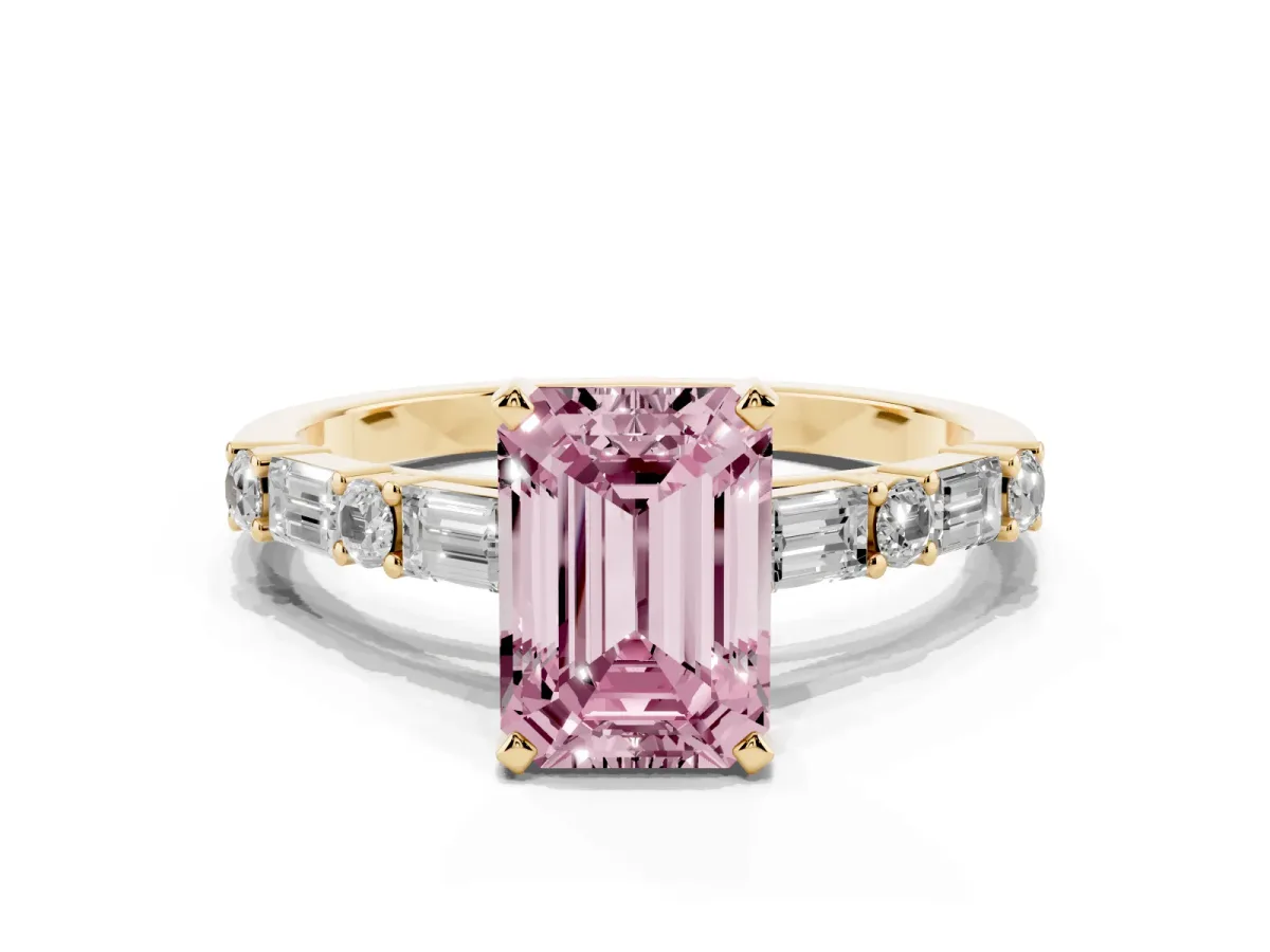 Fancy Pink Emerald Cut Diamond Solitaire with Side Baguettes and Channel Set Band Yellow gold