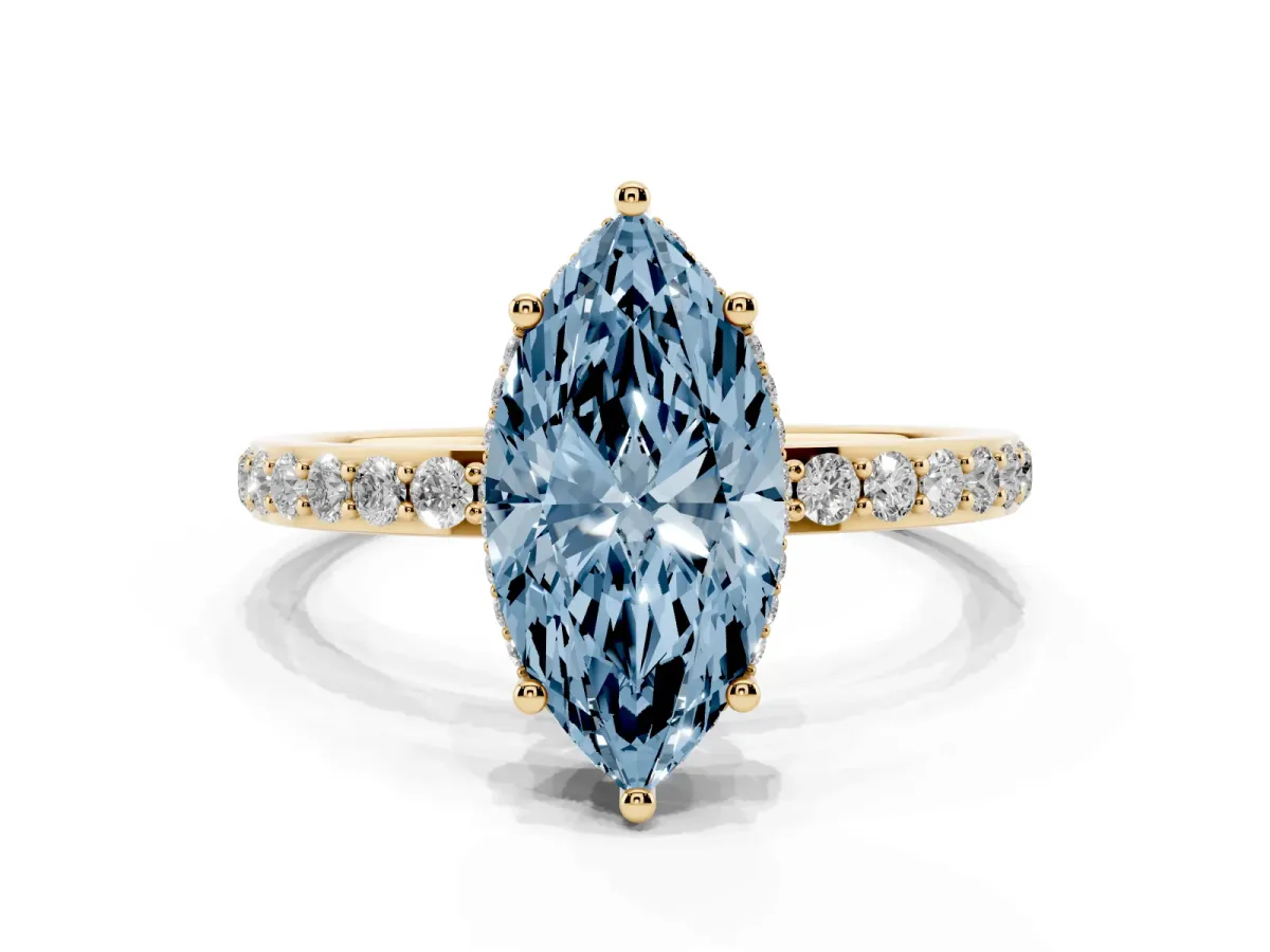 Fancy Blue Marquise Cut Diamond Solitaire Ring with Pavé Band and Hidden Halo Yellow gold