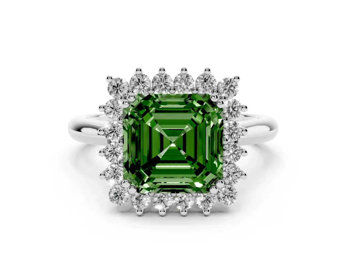Fancy Green Asscher Cut Cut Diamond Halo Ring with Solitaire Band and Prong Setting Silver