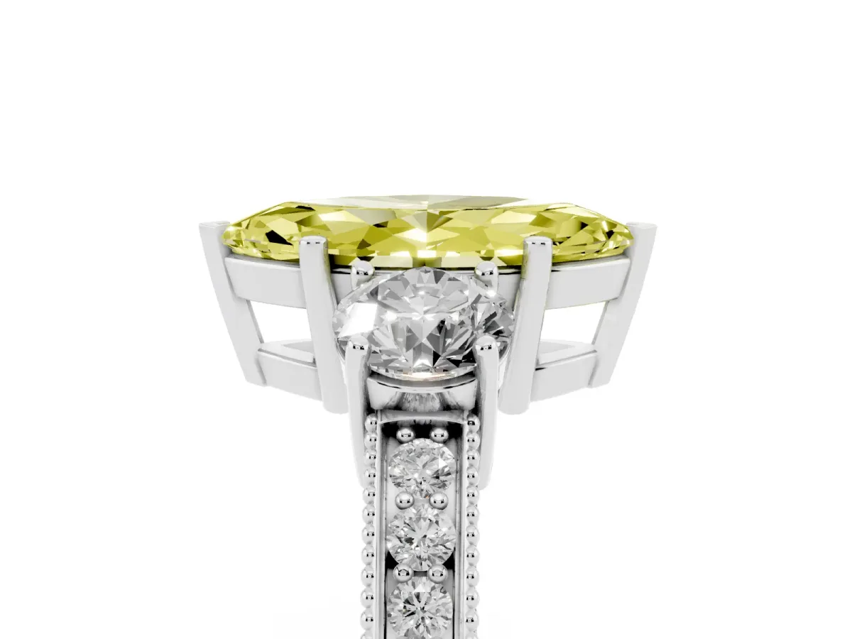 Fancy Yellow Marquise Cut Three-Stone Diamond Ring with Pavé Band and Four-Prong Setting Silver