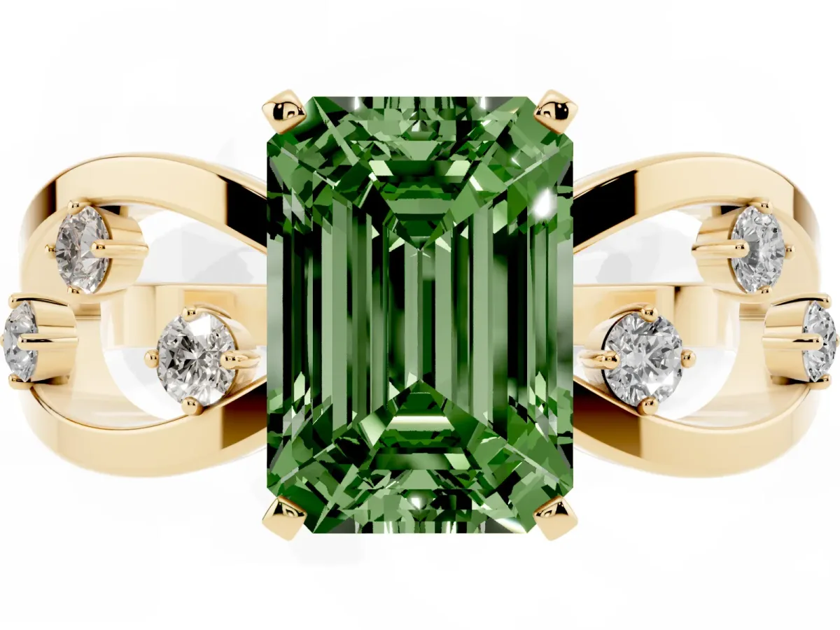 Fancy Green Emerald Cut Cut Solitaire Diamond with Side Stones on Criss-Cross Band and Four-Prong Setting Yellow gold