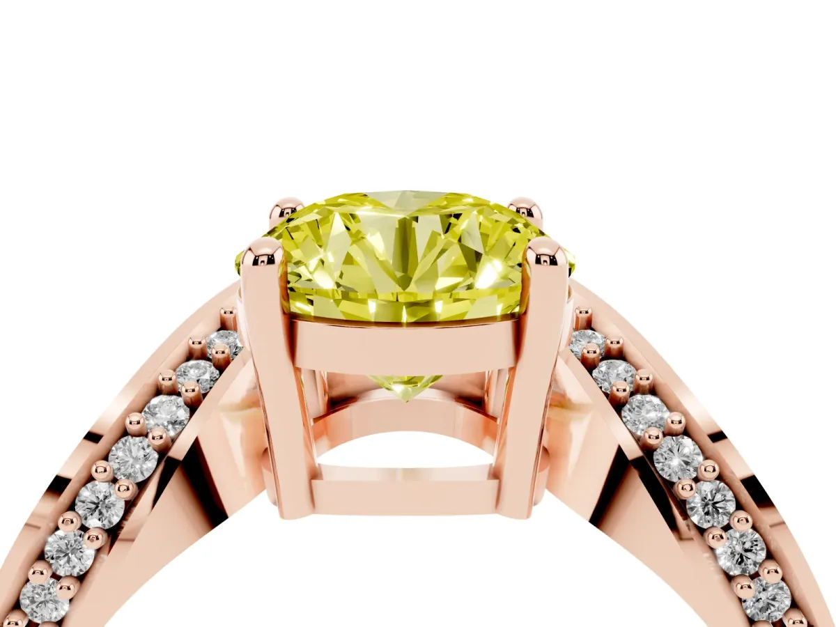 Fancy Yellow Round Cut Solitaire Diamond Engagement Ring with Pave Band and Four-Prong Setting Rose gold
